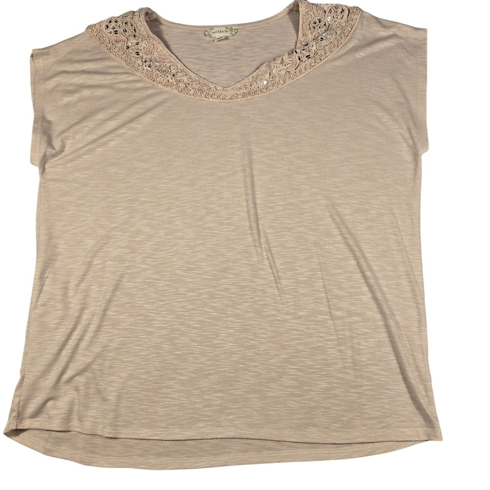 Nurture Womens Beige Lace Sequin V-Neck Slub Knit Top Large RN 58909